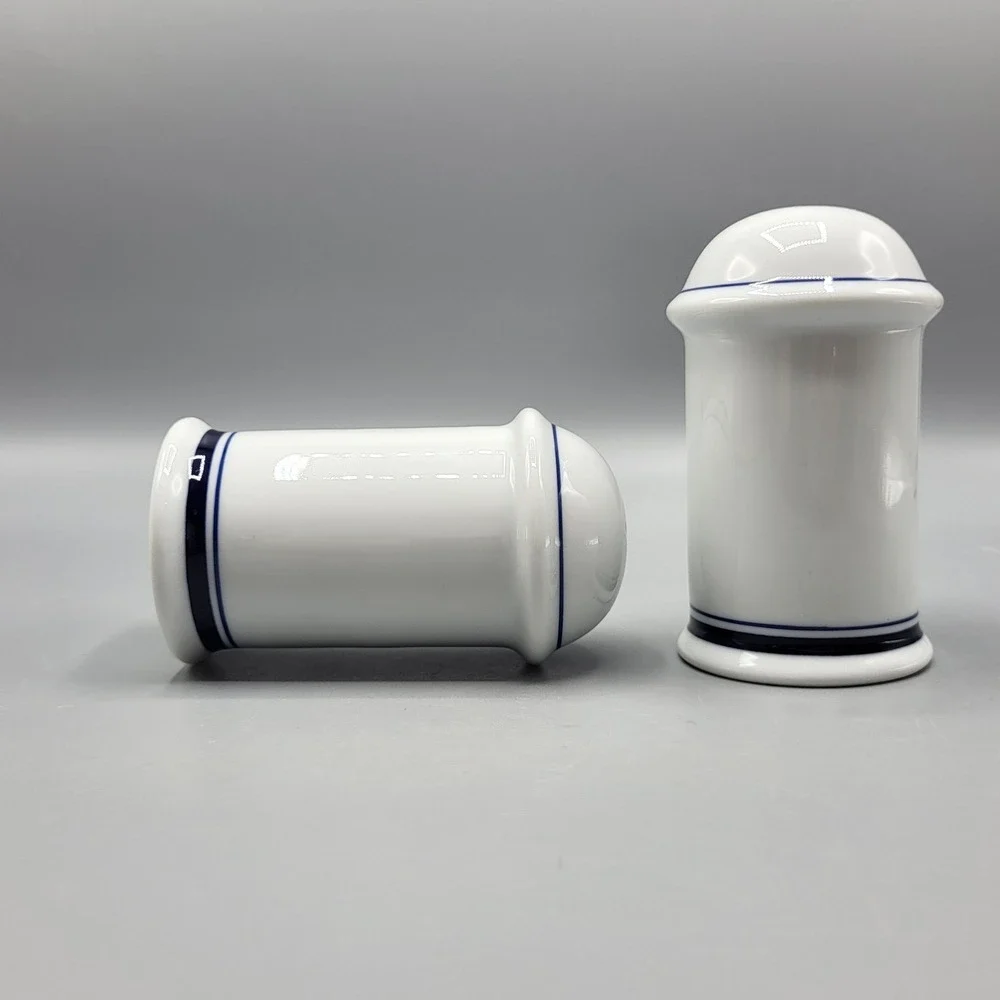 Vintage Dansk Salt and Pepper Shakers Navy Blue Banded White Porcelain Portugal